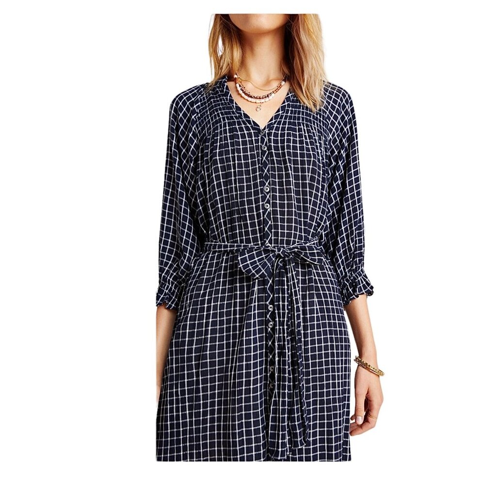 Anthropologie Maeve Sara Smocked Shirtdress in Navy Size XS NWT - Picture 4 of 14